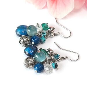 Handmade Glass Bead & Crystal Blue Teal Cluster Dangle Earrings